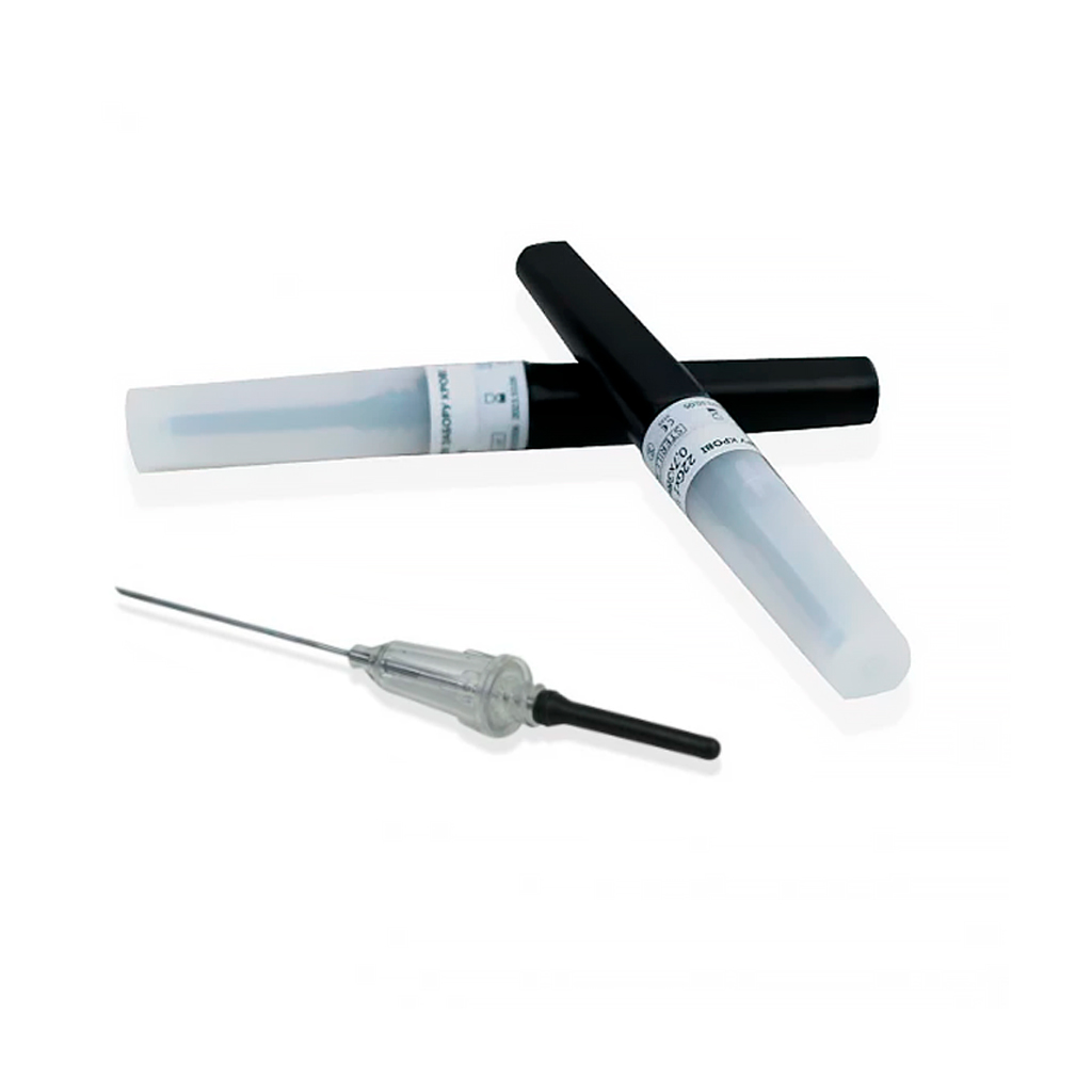 Иглы для забора крови 22G x 1″ (0,7×25 мм) с визуальной камерой, черный цвет, стерильные (50 шт)